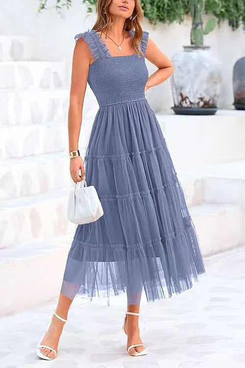 Square Neck Sleeveless Ruffle Tiered Midi Dress