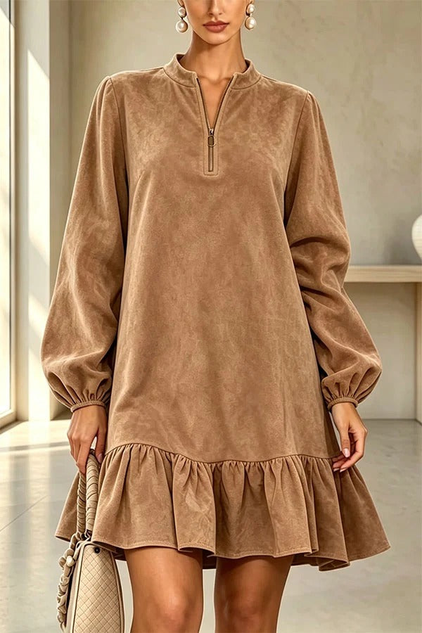 Suede Zipper Neck Long Balloon Sleeve Ruffle Hem Mini Dress