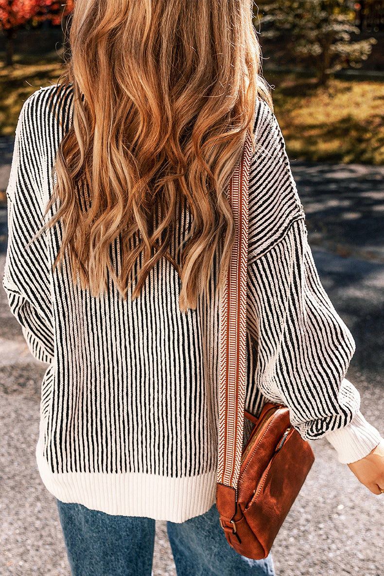 Bright Pink Striped Contrast Trim Loose Sweater