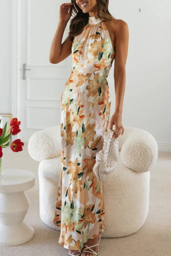 Floral Print Sleeveless Halter Neck Tie Holiday Maxi Dress