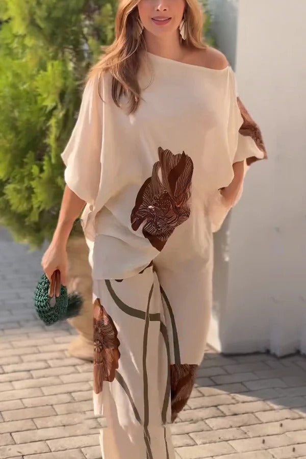 Floral Print Batwing Sleeves Loose-fitting Top and Relaxed Pocket Straight Pants Set
