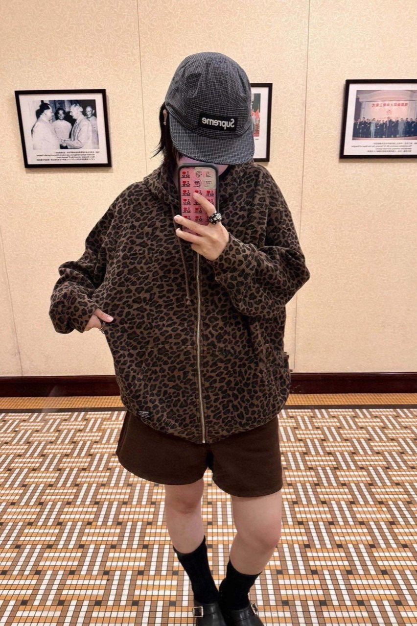 Leopard Print Waffle Zip Drawstring Unisex Vintage Hoodie