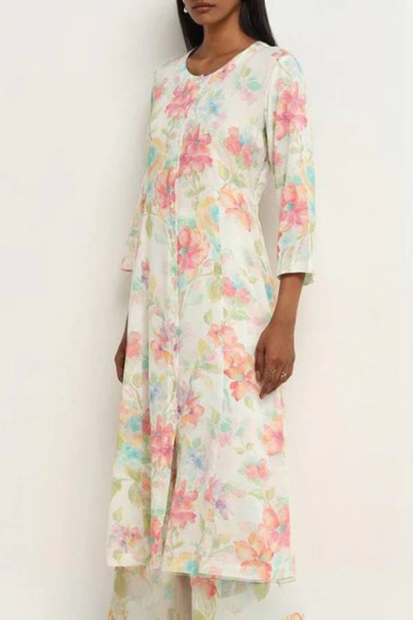 Satin Printed Long Shirt & Wide Leg Pants 2 Piece Southeast Asian Co-ord Set