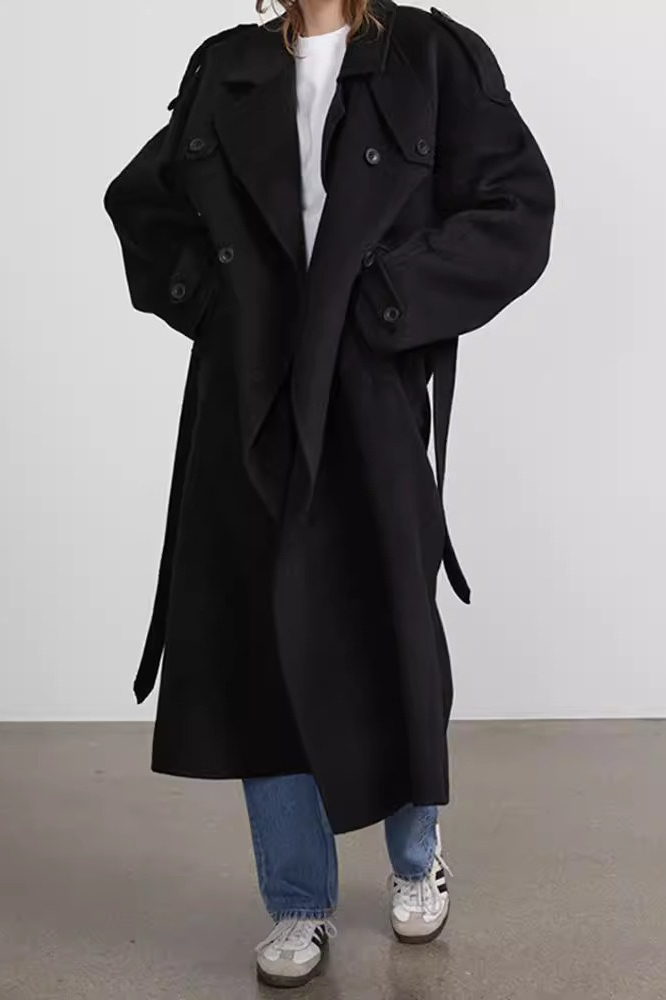 Notched Lapel Long Wool Cinch Belt Overcoat