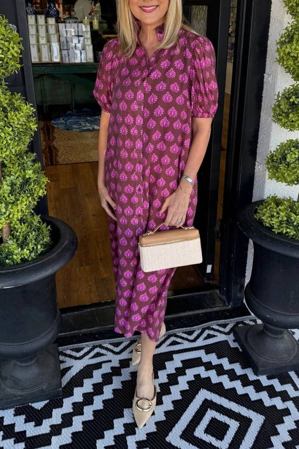 Collared Puff Sleeve Printed Shirt Dress