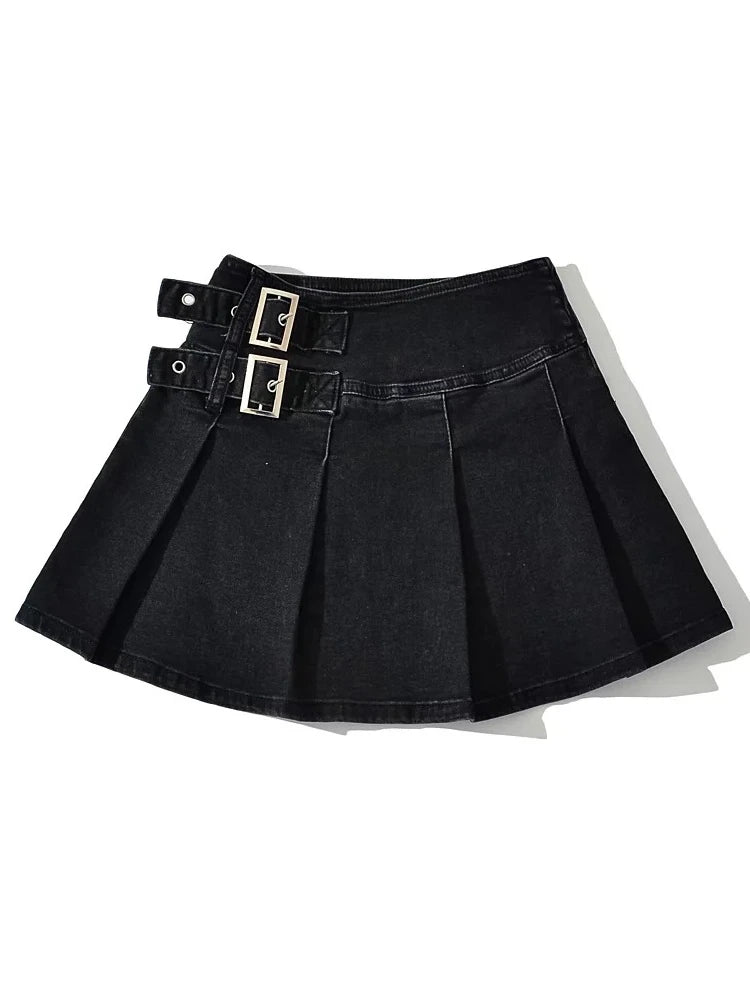 2025 Summer New Denim Y2k Skirt with Pleats and Belt 90s E-girl Korean Skirts For Women High Street Jeans Short Bottom