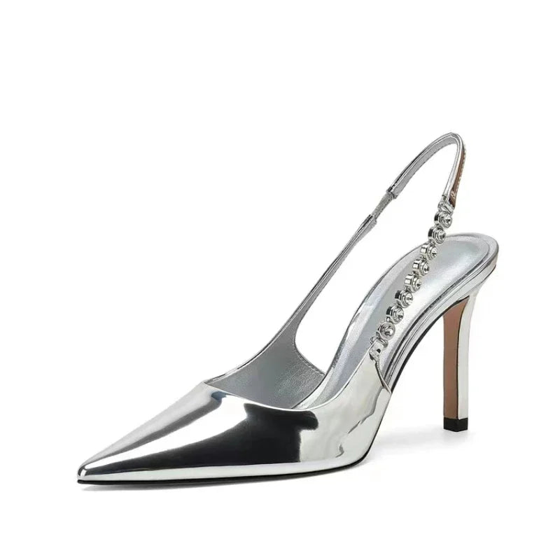 New Slingbacks Women's Pointed Highs Silver Leather Fashion Dress Shoes Low Heel Pumps