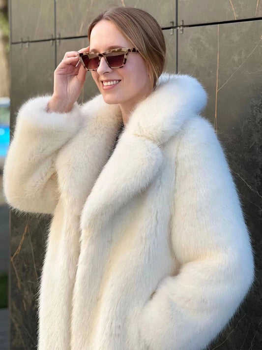 Faux Fur Coat In White Notched Lapel Belted Eco-friendly Winter Long Jacket 2026