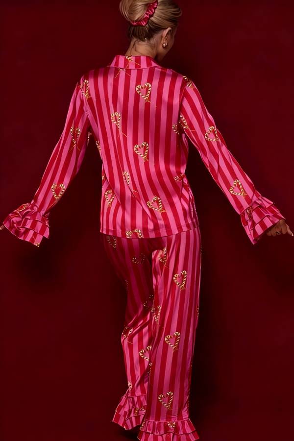Festive Season Long Candy Stripe Tiered Bell Cuffs Elastic Waist Pocketed Pajama Set
