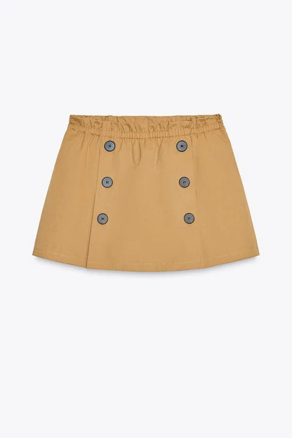 Chic Comfort Mid Rise Elastic Waist Contrast Buttons Pocket Mini Skort