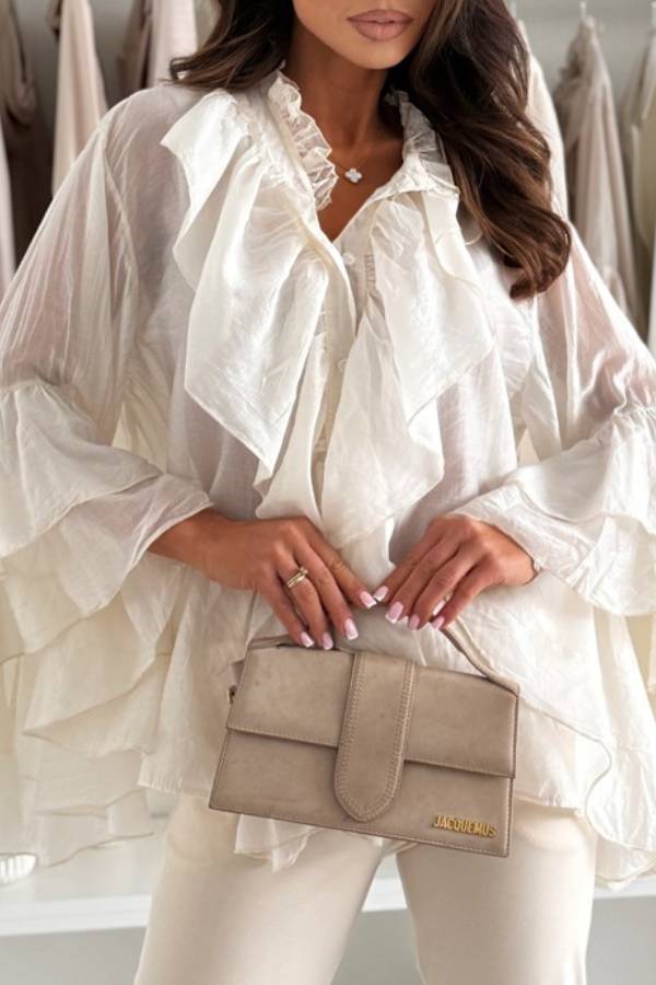 French Ruffle Collar Layered Bell‑Sleeve Sheer Blouse