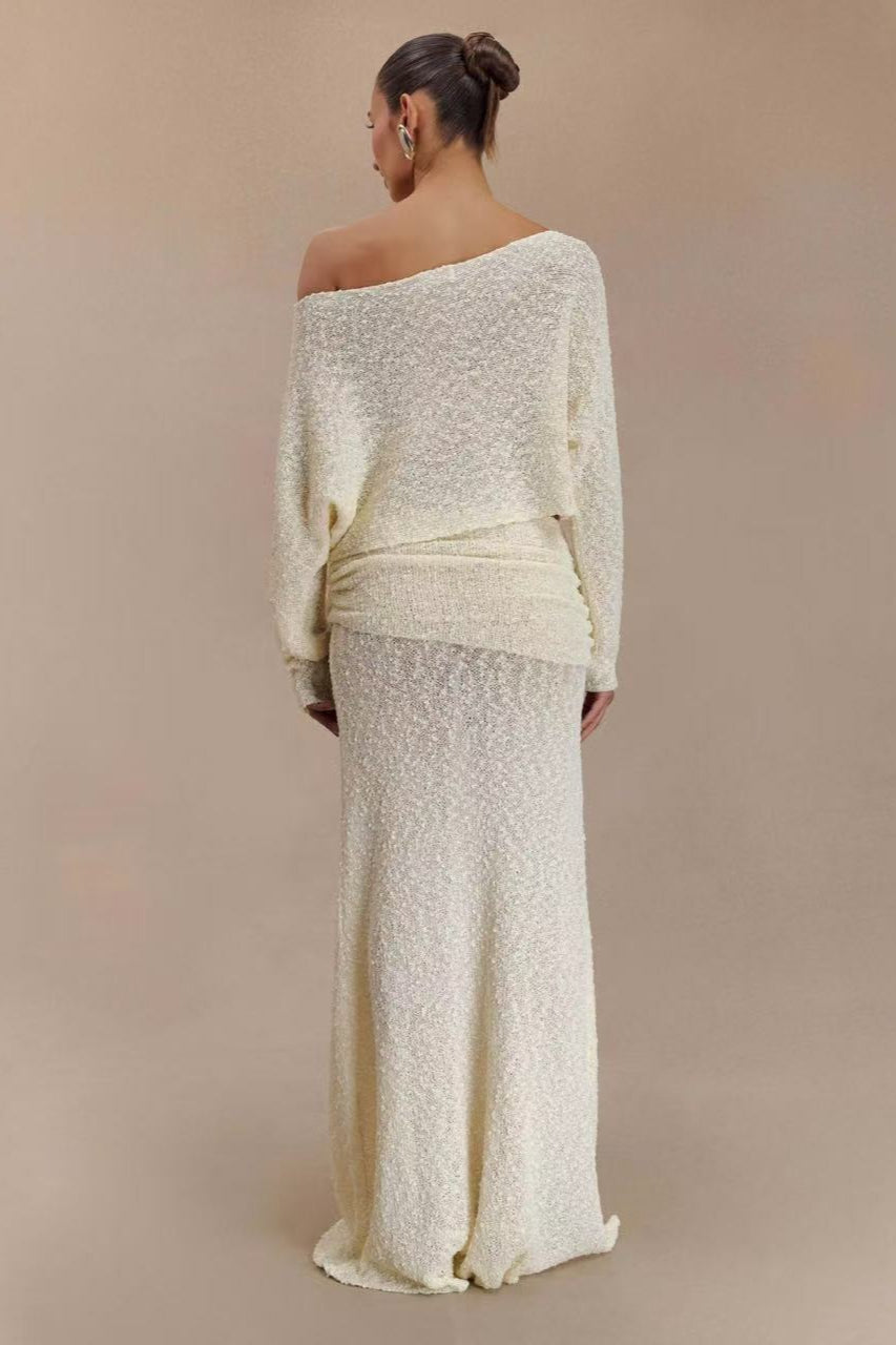 Ribbed Knit Off Shoulder Maxi Skirt Set