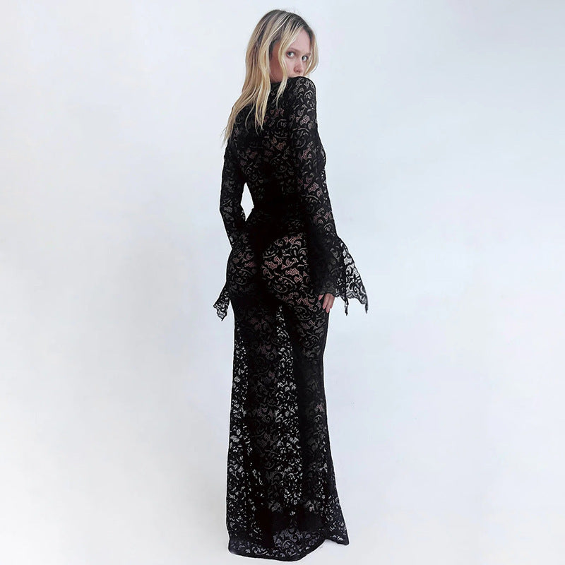 V Neck Lace Flare Sleeve Dress
