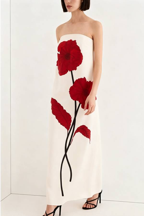 Elisabeth Floral Print Strapless Maxi Dress and Georgette Long Cape Two Pieces Set