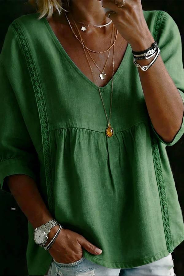 V-Neck Lace Trim Linen Blend Babydoll Blouse