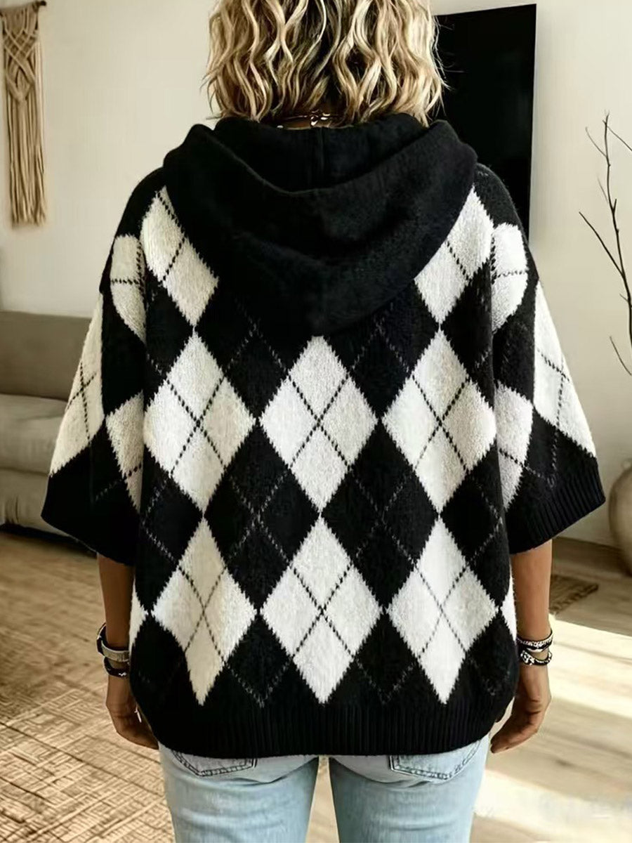 Argyle Hooded Knit Cardigan