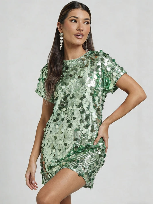 Sequins Crew Neck Short Sleeve Mini&Short Dresses