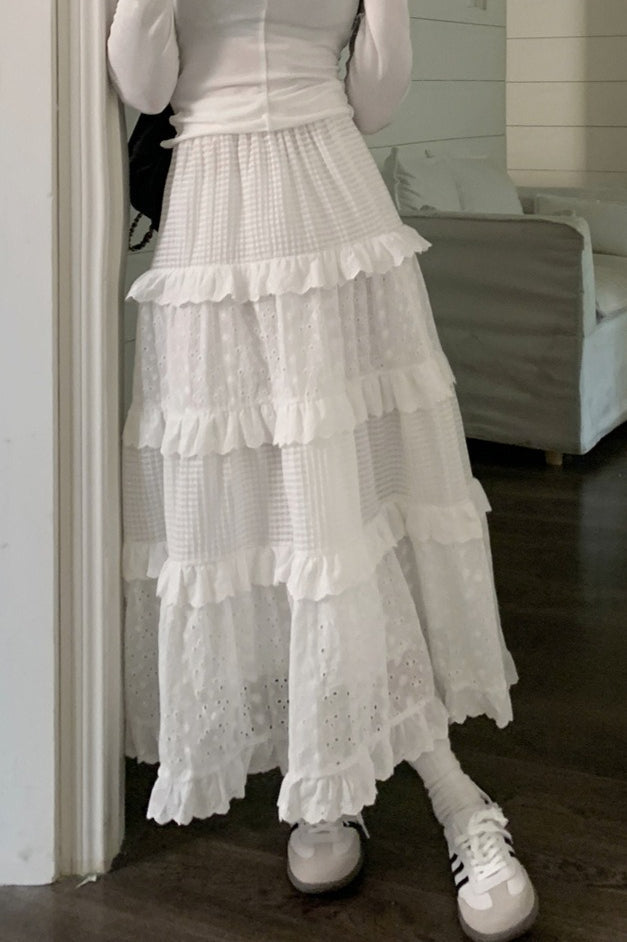 White Lace Tiered High Waist Boho Skirt