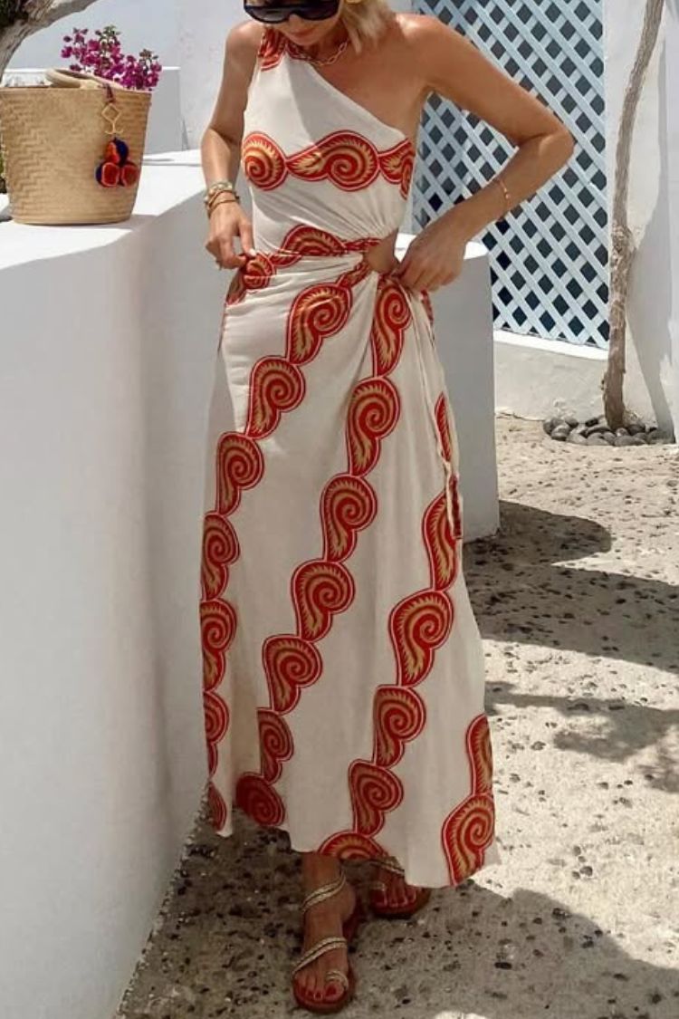 Enjoy A Sunny Linen Blend Shell Print One Shoulder Cutout Waist Tie-up Slit Maxi Dress