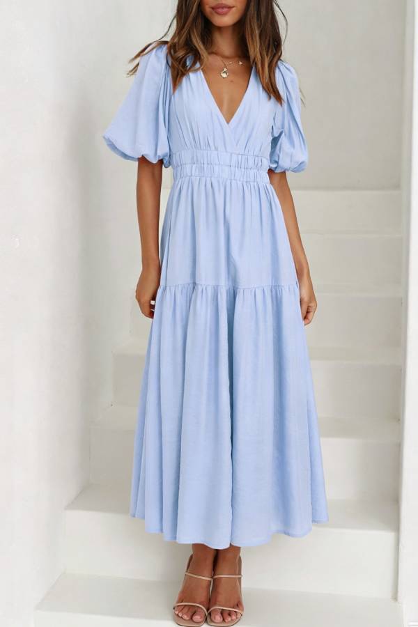 V-neck Puff Sleeve Elastic Waist Tiered Maxi Dress
