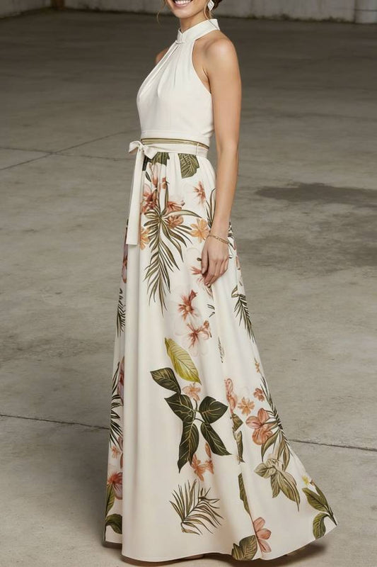 New Chinese Halter Frog Button Tropical Floral Maxi Evening Dress