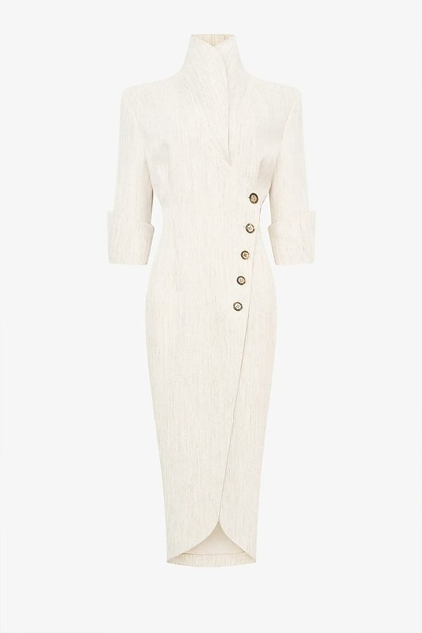Elegant Look Linen Blend Stand Lapel Neck Half Sleeve Side Button Midi Dress