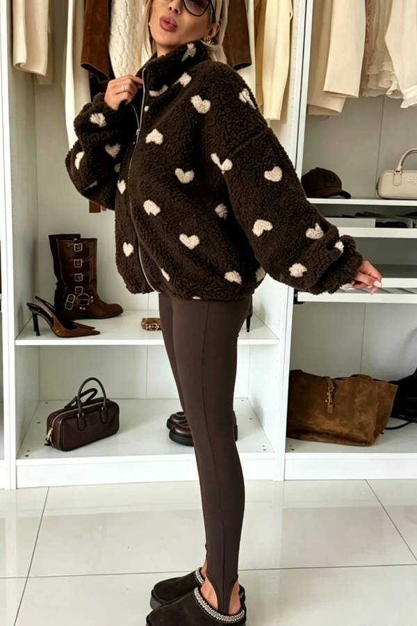 Playful Heart Pattern Teddy Bear Fleece Material Contrast Color Long Sleeve Pocket Zipper Coat