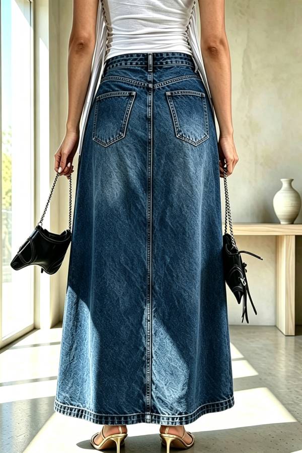 A Stylishly Layered Look Washed Denim High Rise Slit Maxi Skirt