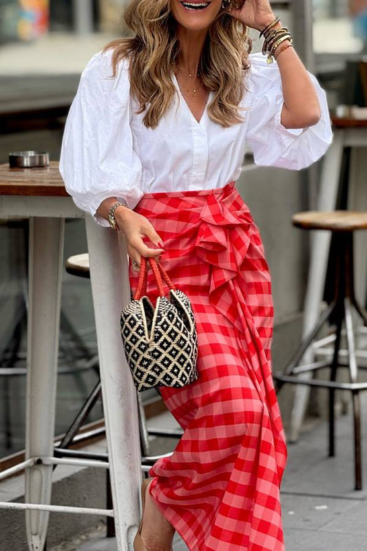 Red and White Checkered High Waist Tie Draped Maxi Skirt
