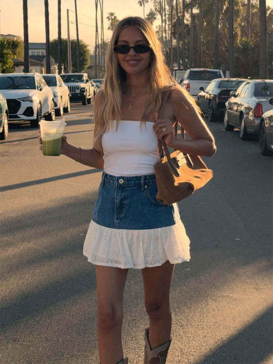Lace Trim Denim Mini Skirt