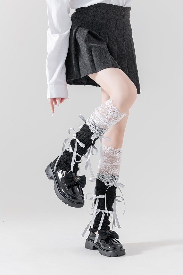 Lace Patchwork Bow Slouchy Leg Warmers