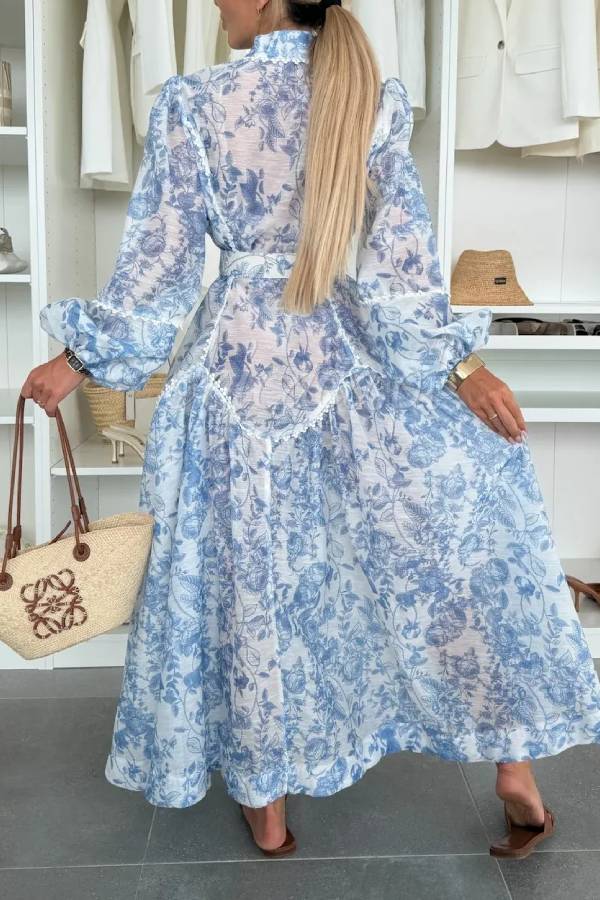 Blue Floral Print Waisted Maxi Dress