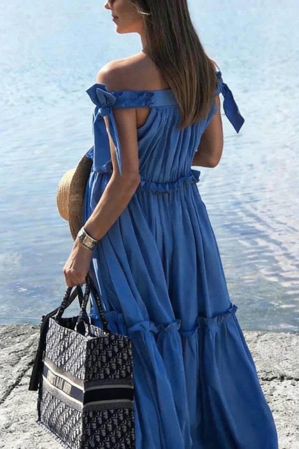 Ocean House Elastic Knotted Shoulder Straps Ruffles Pocket A-line Maxi Dress