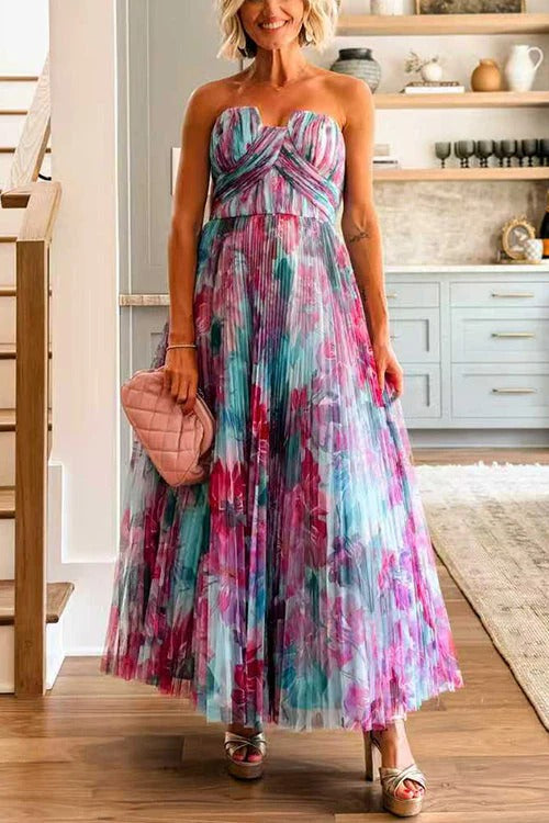 Strapless Floral Print Pleated Swing Maxi Dress
