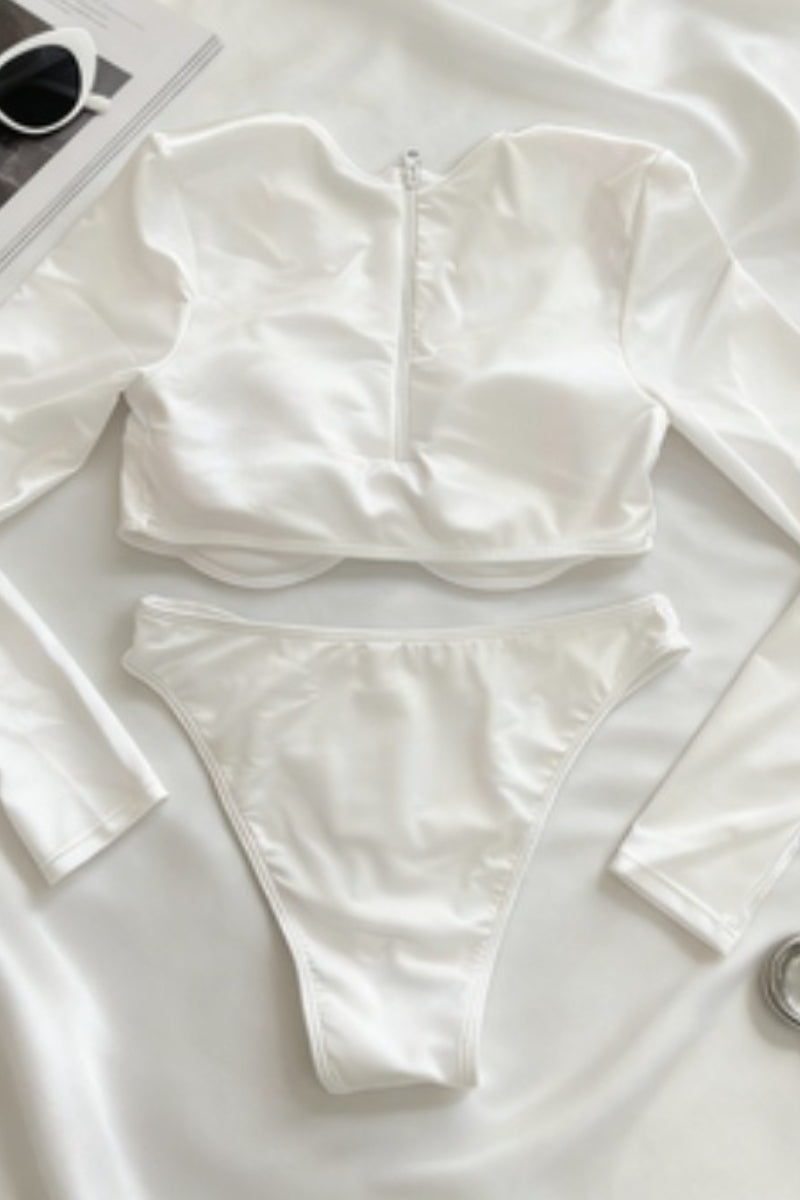 White Underwire Long Sleeve Two Piece Swim Set