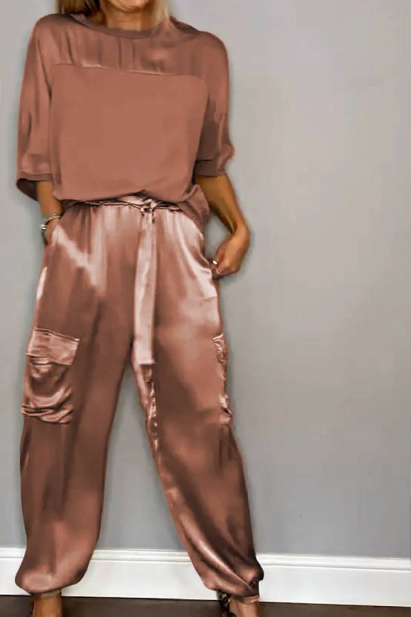 Satin Gloss Drawstring Waist-Defining Wide-Leg Workwear Set