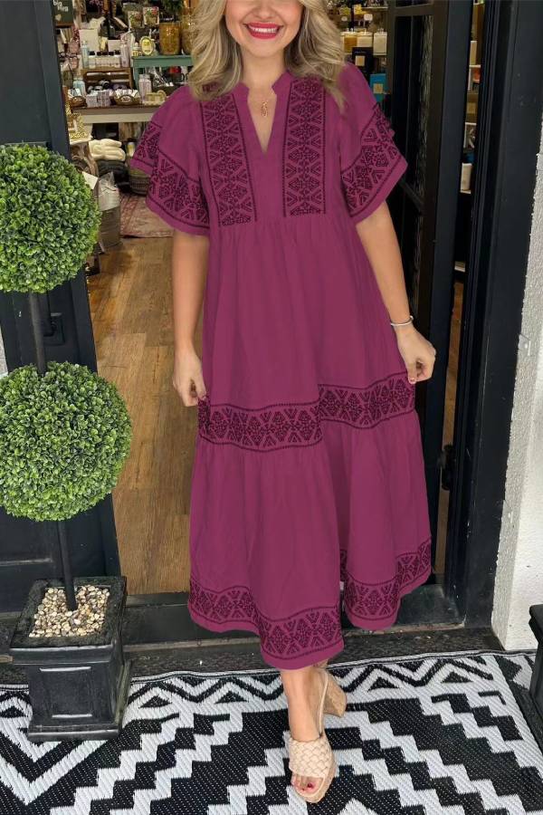 Multi-Color Ethnic Embroidered V-Neck Short Sleeve Tiered Midi Dress