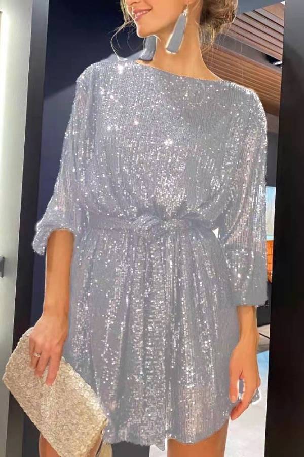 Boat Neck All Over Sequin Waist Tie 3/4 Sleeve Mini Party Dress