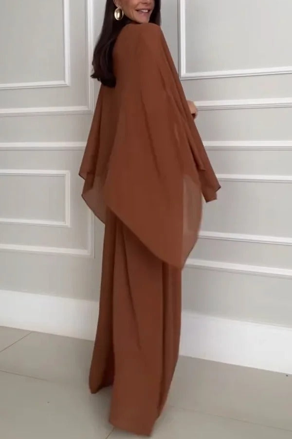 Veronica Chiffon Cape Flowing Top and Elastic Waist Wide-Leg Pants Set