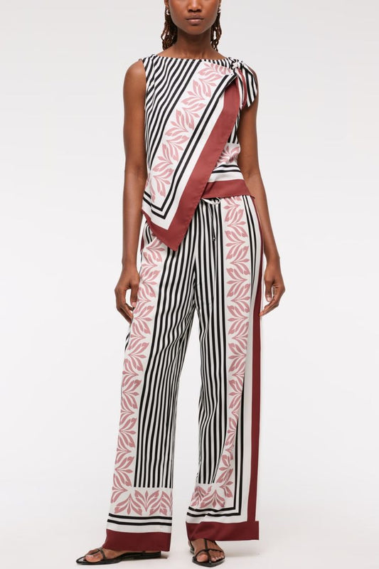 Gracie Unique Print Knotted Scarf Top and Elastic Waist Pocketed Loose Pants Set