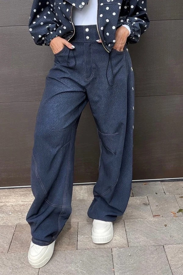 Kadence Denim Side Metal Hollow Ring Detail Pocket Lantern Pants