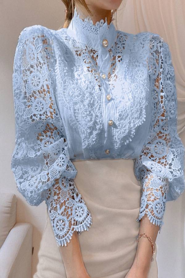 French Stand Collar Hollow Lace Puff Sleeve Blouse