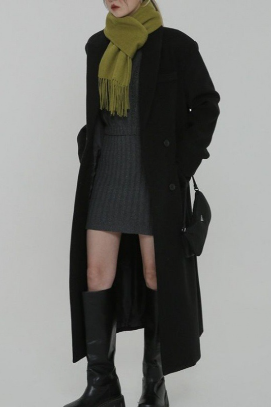 Thick Black Wool Blend Regular Shoulder Loose Overcoat