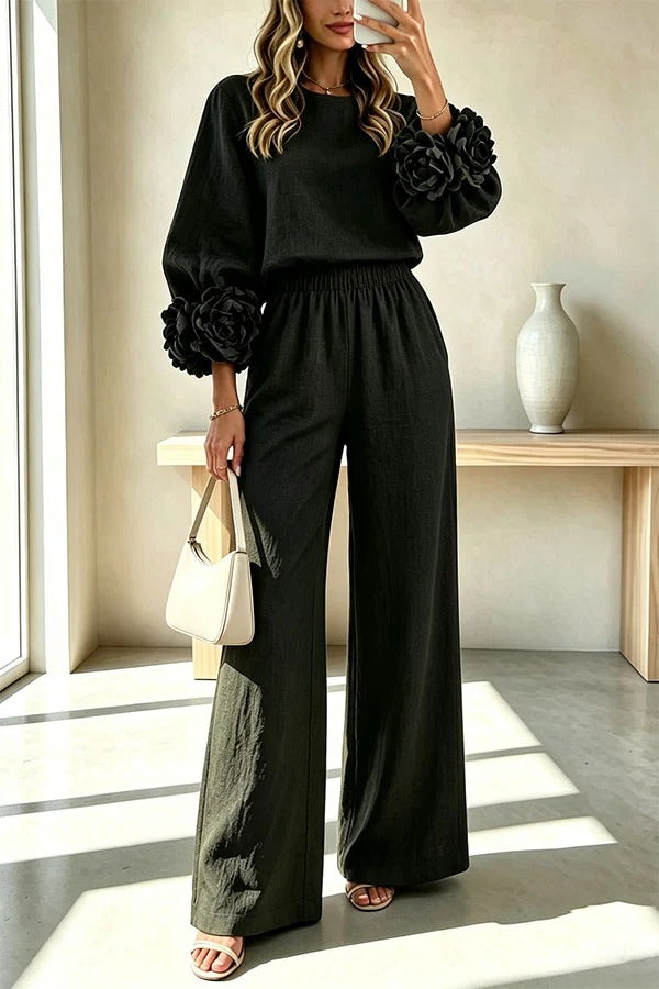 Linen Blend Floral Cuffs Sleeve Top and Elastic Waist Pocket Pants Set