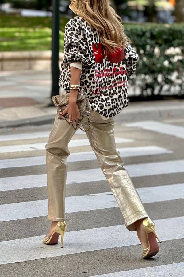 Leopard print cherry print oversized sweatshirt