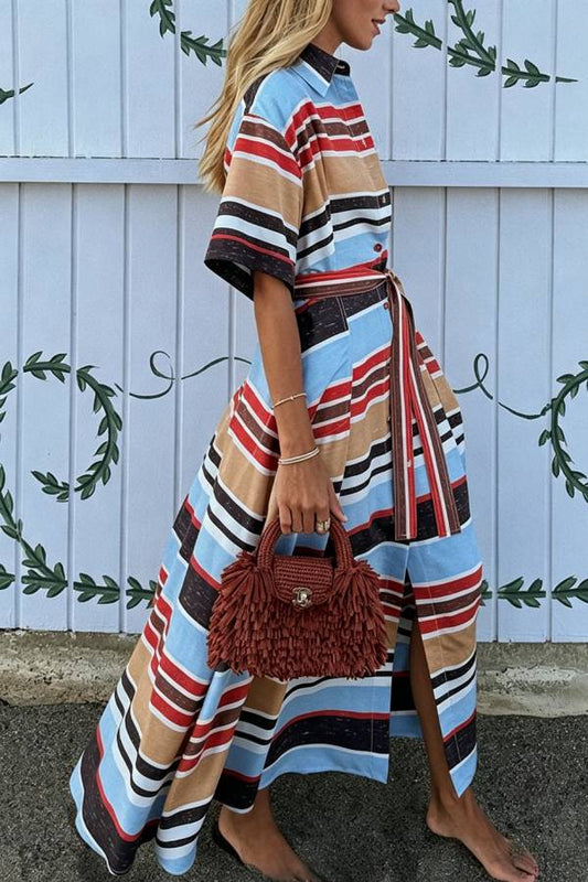 Josephine Colorful Stripes Button Up Wide Sleeve Belt Pocket Shirt Midi Dress