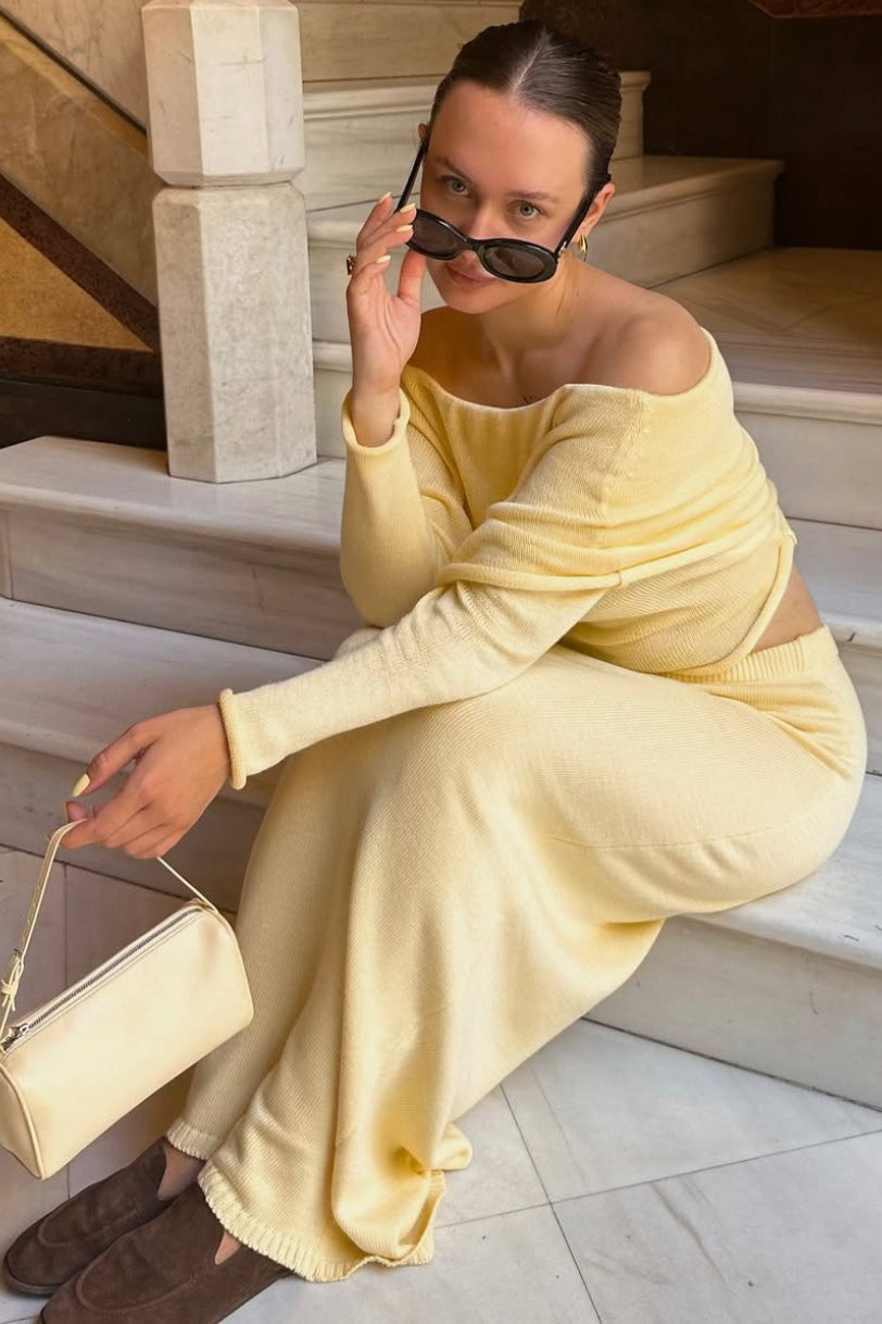 Off Shoulder Knit Top Maxi Skirt Set
