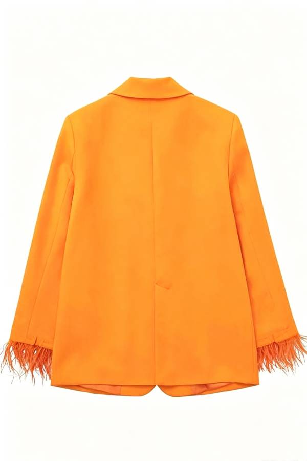 Chic Day Button Up Feather Trim Long Sleeve Pocketed Lapel Blazer