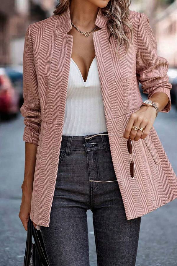 Herringbone stand collar fitted waist mid-length suit jacket