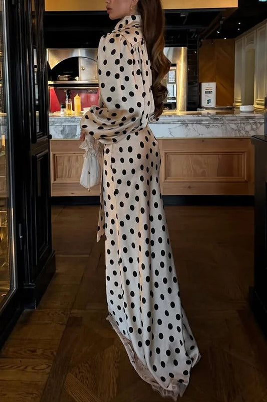 Chrissa Satin Polka Dot Print Lace Trim High Rise Flare Drape Maxi Skirt